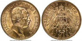 Saxony. Friedrich August III gold 20 Mark 1905-E MS63 NGC, Muldenhutten mint, KM1265. A choice offering conveying free-flowing satiny luster. AGW 0.23...