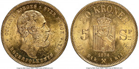 Oscar II gold 20 Kroner (5 Speciedaler) 1874 MS62 NGC, Kongsberg mint, KM348. Decorated in fluid aurous luster, this specimen is limited from choice c...