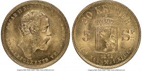 Oscar II gold 20 Kroner (5 Speciedaler) 1875 MS65 NGC, Kongsberg mint, KM348. A pure gem selection that combines satiny and flashy characteristics to ...
