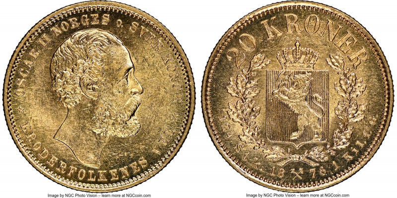 Oscar II gold 20 Kroner (5 Speciedaler)1876 MS64 NGC, Kongsberg mint, KM355. Exh...