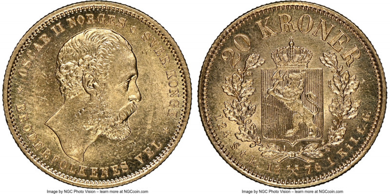 Oscar II gold 20 Kroner (5 Speciedaler) 1876 MS64 NGC, Kongsberg mint, KM355. Fl...