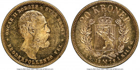 Oscar II gold 20 Kroner (5 Speciedaler) 1879 MS64 NGC, Kongsberg mint, KM355. Pleasingly reflective and bordering closely on Prooflike, with a veil of...