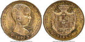 Alfonso XIII gold 20 Pesetas 1890(90) MP-M MS64 NGC, Madrid mint, KM693. A contested issue at this level of certification, and tied for the finest acr...
