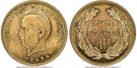 Republic gold 250 Kurush 1923 Year 20 (1943) AU58 NGC, KM857. Mintage: 10,000. A wonderful, wholly lustrous first-year of issue for the type bordering...