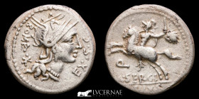 M. Sergius Silus Silver denarius 3.84 g. 19 mm. Rome 116-115 B.C.  Good very fine (MBC)