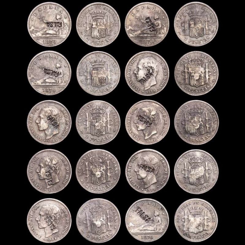 Spain - Lot of 10 silver coins. 

9 x 2 Pesetas + 1 x 1 Peseta.

Various years a...