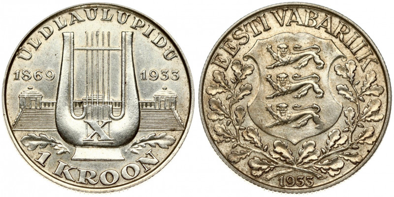 Estonia 1 Kroon 1933 10th Singing Festival. Obverse: National arms wreath surrou...