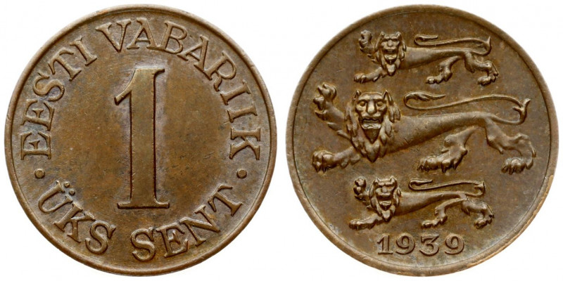 Estonia 1 Sent 1939 Obverse: Three leopards left above date. Reverse: Denominati...