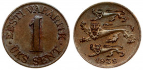 Estonia 1 Sent 1939 Obverse: Three leopards left above date. Reverse: Denomination. Edge Description: Plain. Bronze. KM 19.1