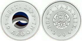 Estonia 10 Krooni 2004 Estonian Flag. Obverse: National arms. Reverse: Round multicolor flag design. Edge Description: Reeded. Silver. KM 40. With Box...