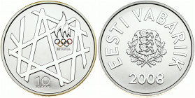 Estonia 10 Krooni 2008 Olympics. Obverse: Arms. Reverse: Torch and geometric patterns. Silver. KM 48. With Box & Certificate