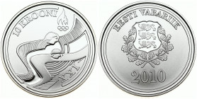 Estonia 10 Krooni 2010 Vancouver Winter Olympics. Obverse: National arms within wreath; date below. Reverse: Two stylized cross county skiers right. S...