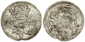 Latvia Courland 2 Denar 1579. Stephen Bathory(1576–1586). Obverse: Stephen monogram; dividing date. Lettering: AB 15-79. Reverse: Rider on the horse; ...