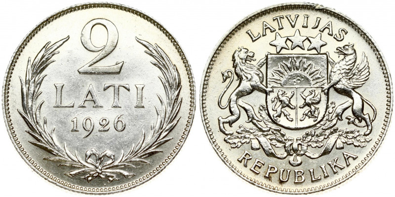 Latvia 2 Lati 1926. Obverse: Arms with supporters. Reverse: Value and date withi...