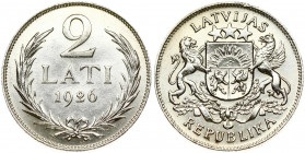 Latvia 2 Lati 1926. Obverse: Arms with supporters. Reverse: Value and date within wreath. Edge Description: Milled. Silver. Small Scratches. KM 8
