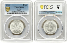 Latvia 2 Lati 1926 Obverse: Arms with supporters. Reverse: Value and date within wreath. Edge Description: Milled. Silver. KM 8. PCGS MS63