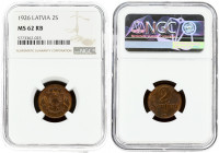 Latvia 2 Santimi 1926 Obverse: National arms above ribbon. Reverse: Value and date. Edge Description: Plain. Bronze. KM 2. NGC MS 62 RB