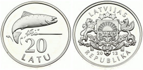 Latvia 20 Latu 2013 20th Anniversary of the return of Lats coinage. Obverse: National arms. Reverse: Salmon. Edge Description: Lettered. Silver. KM 13...