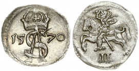 Lithuania 2 Denar 1570 Vilnius. Sigismund II Augustus(1547-1572) Obverse: King on charging horse. Reverse: Crowned A-S monogram. (the letter S has a l...