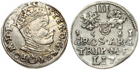 Lithuania 3 Groszy 1581 Vilnius. Stephen Bathory(1576–1586). Obverse: Crowned bust right. Reverse: Value; divided date; symbols and two-line inscripti...