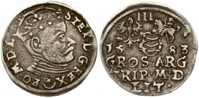 Lithuania 3 Groszy 1583 Vilnius. Stephen Bathory(1576–1586). Obverse: Crowned bust right. Reverse: Value; divided date; symbols and two-line inscripti...