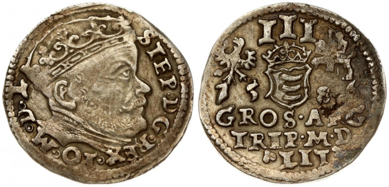 Lithuania 3 Groszy 1586 Vilnius. Stephen Bathory(1576–1586). Obverse: Crowned bu...