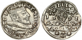 Lithuania 3 Groszy 1592 Vilnius. Sigismund III Vasa (1587-1632) Obverse: Crowned bust right. Reverse: Value; divided date; symbols and two-line inscri...