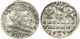 Lithuania 3 Groszy 1594 Vilnius. Sigismund III Vasa (1587-1632) Obverse: Crowned bust right. Reverse: Value; divided date; symbols and two-line inscri...
