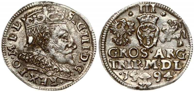 Lithuania 3 Groszy 1594 Vilnius. Sigismund III Vasa (1587-1632) Obverse: Crowned...