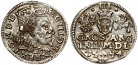 Lithuania 3 Groszy 1594 Vilnius. Sigismund III Vasa (1587-1632) Obverse: Crowned bust right. Reverse: Value; divided date; symbols and two-line inscri...