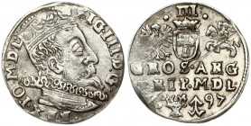 Lithuania 3 Groszy 1597 Vilnius. Sigismund III Vasa (1587-1632) Obverse: Crowned bust right. Reverse: Value; divided date; symbols and two-line inscri...