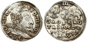 Lithuania 3 Groszy 1597 Vilnius. Sigismund III Vasa (1587-1632) Obverse: Crowned bust right. Reverse: Value; divided date; symbols and two-line inscri...
