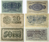 Lithuania 5 & 20 & 50 Centu 1922 Banknote. Lietuvos Bankas 1922 16 November. Pick# 9a; 11a; 12a. Lot of 3 Banknote