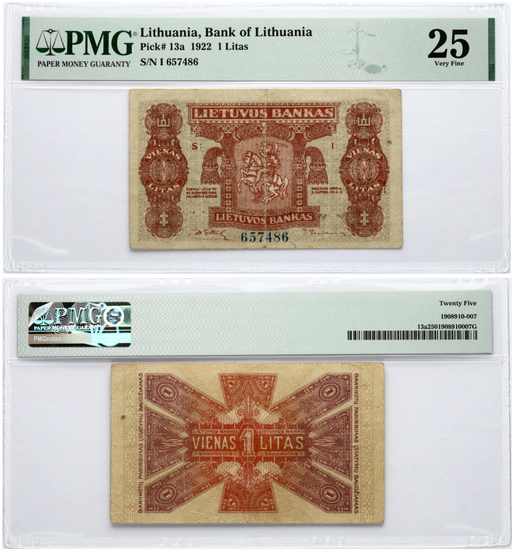 Lithuania 1 Litas 1922 Banknote. Bank of Lithuania Pick# 13a S/N I 657486 PMG 25...