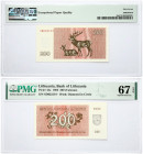 Lithuania 200 Talonas 1992 Banknote. Bank of Lithuania. Pick# 43a 1992 200 (Talonas) S/N SD023119 - Wmk: Diamond in Circle. PMG 65 Superb Gem Unc