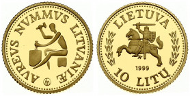 Lithuania 10 Litų 1999 Lithuanian gold coinage. Obverse: National arms. Reverse: Medieval minter. Gold; 1.244g. KM 120. With Box & Certificate