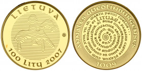 Lithuania 100 Litų 2007 Use of the Name Lithuania Millenium. Obverse: Linear National Arms. Reverse: Circular Legend. Gold; 7.78g. KM 158. With Box & ...