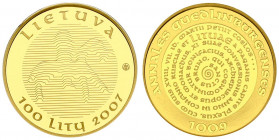 Lithuania 100 Litų 2007 Use of the Name Lithuania Millenium. Obverse: Linear National Arms. Reverse: Circular Legend. Gold 7.78g. KM 158. With Box & C...