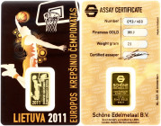 Lithuania European Men's Basketball Championship Lithuania Medal 2011 EuroBasket. Mintage 400 pcs. Gold 2.5g. (999). In original Box with Certificate ...