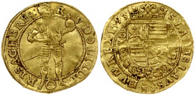 Austria 1 Ducat 1593 Rudolf II(1587 - 1612). Obverse: Full-length crowned and armored figure; turned slightly to right; holding sceptre over right sho...