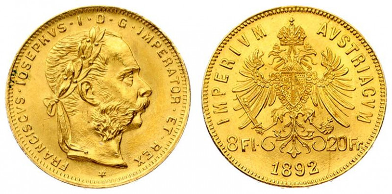 Austria 8 Florins-20 Francs 1892 Restrike. Franz Joseph I(1848-1916). Obverse: L...