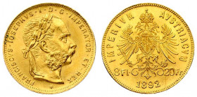 Austria 8 Florins-20 Francs 1892 Restrike. Franz Joseph I(1848-1916). Obverse: Laureate head right; heavy whiskers. Reverse: Crowned imperial double e...