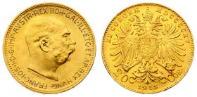 Austria 20 Corona MDCCCCXV 1915 Restrike. Franz Joseph I(1848-1916). Obverse: Head of Franz Joseph I; right. Reverse: Crowned imperial double eagle. G...
