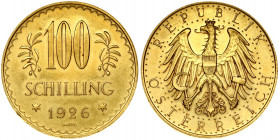 Austria 100 Schilling 1926 Obverse: Imperial Eagle with Austrian shield on breast holding hammer and sickle. Reverse: Value at top flanked by edelweis...