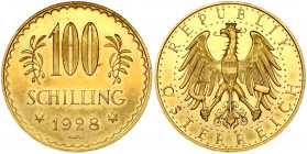 Austria 100 Schilling 1928 Obverse: Imperial Eagle with Austrian shield on breast holding hammer and sickle. Reverse: Value at top flanked by edelweis...