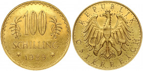 Austria 100 Schilling 1929 Obverse: Imperial Eagle with Austrian shield on breast holding hammer and sickle. Reverse: Value at top flanked by edelweis...