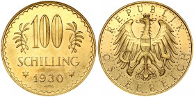 Austria 100 Schilling 1930 Obverse: Imperial Eagle with Austrian shield on breast holding hammer and sickle. Reverse: Value at top flanked by edelweis...