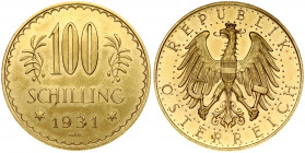 Austria 100 Schilling 1931 Obverse: Imperial Eagle with Austrian shield on breast holding hammer and sickle. Reverse: Value at top flanked by edelweis...