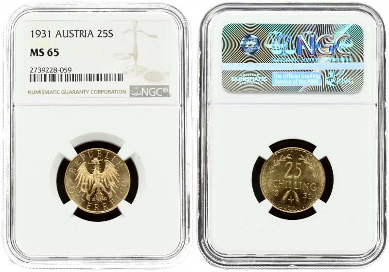 Austria 25 Schilling 1931 NGC MS 65. Gold