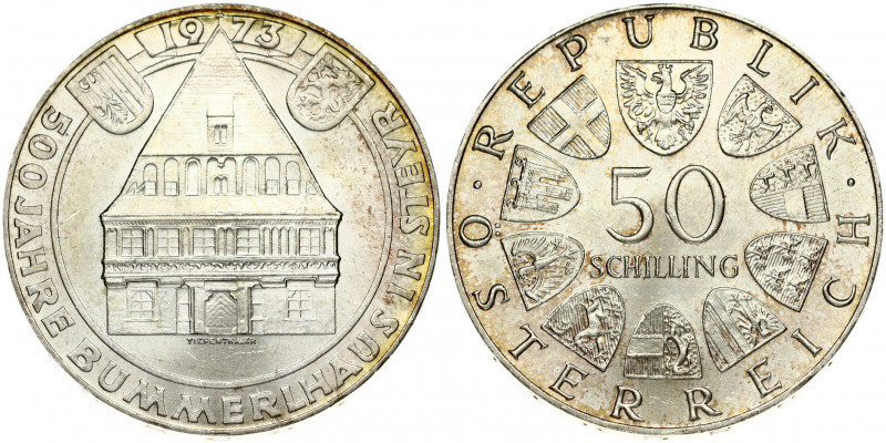 Austria 50 Schilling 1973 500th Anniversary - Bummerl House. Obverse: Value with...